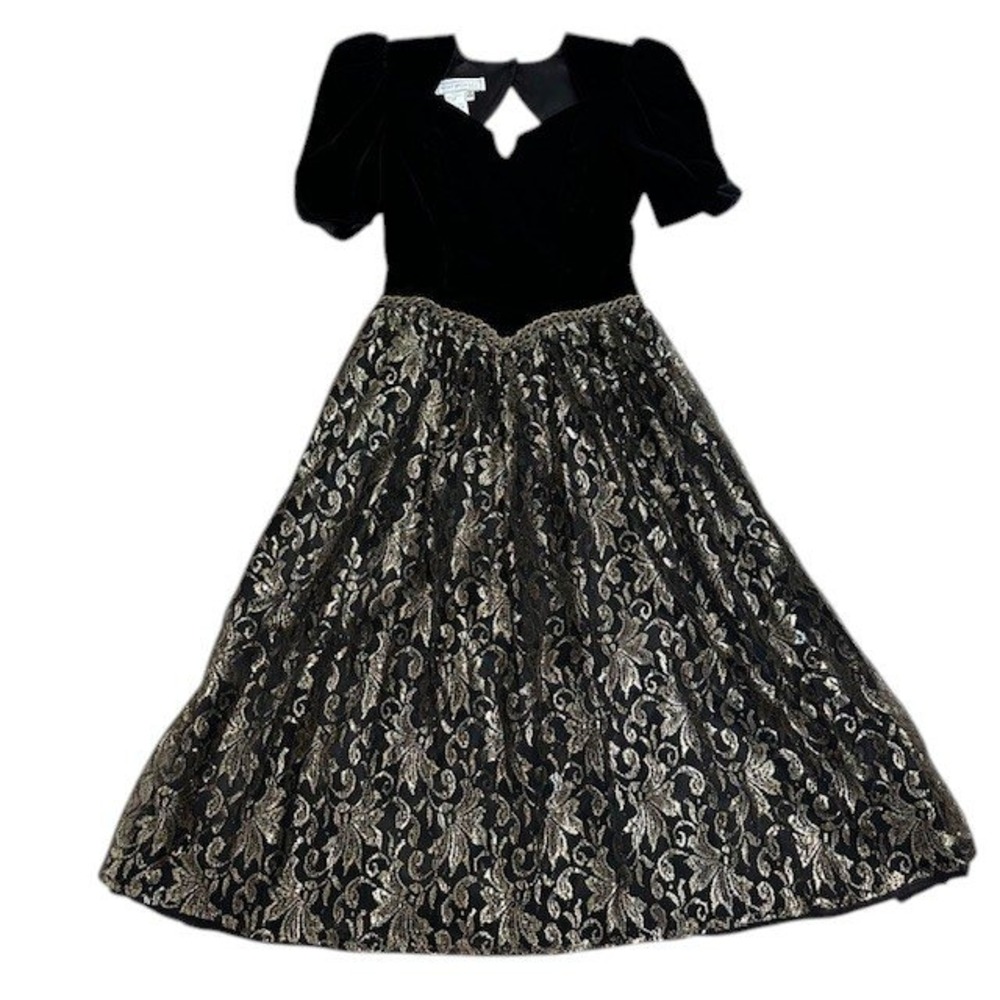 Scott‎ McClintock Vintage Black Velvet & Gold Lace Party Dress Size 8